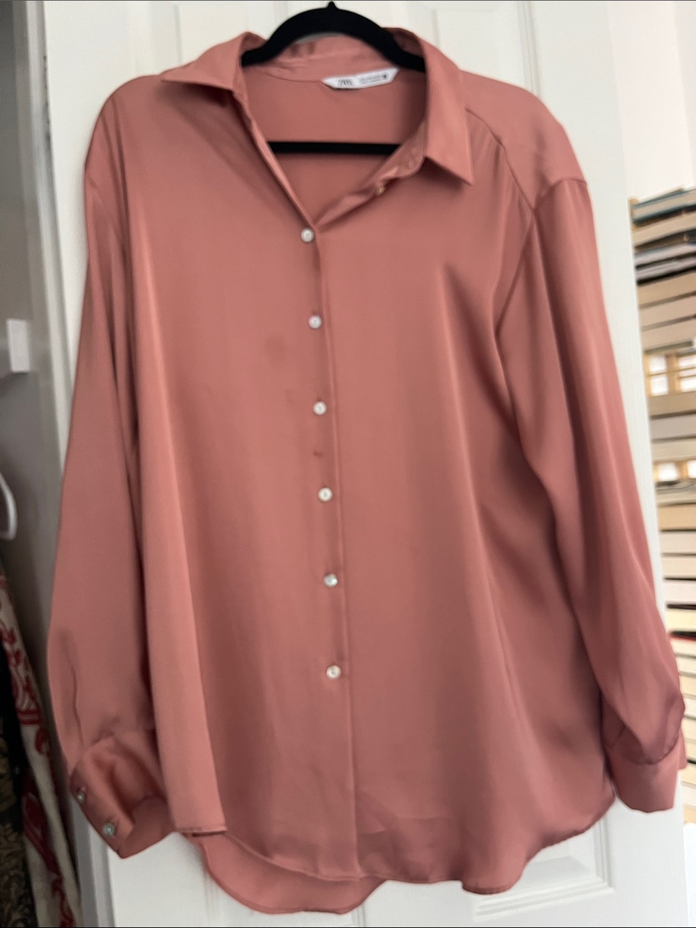 Zara Relaxed Silk Button-Up Shirt in Dusty Rose